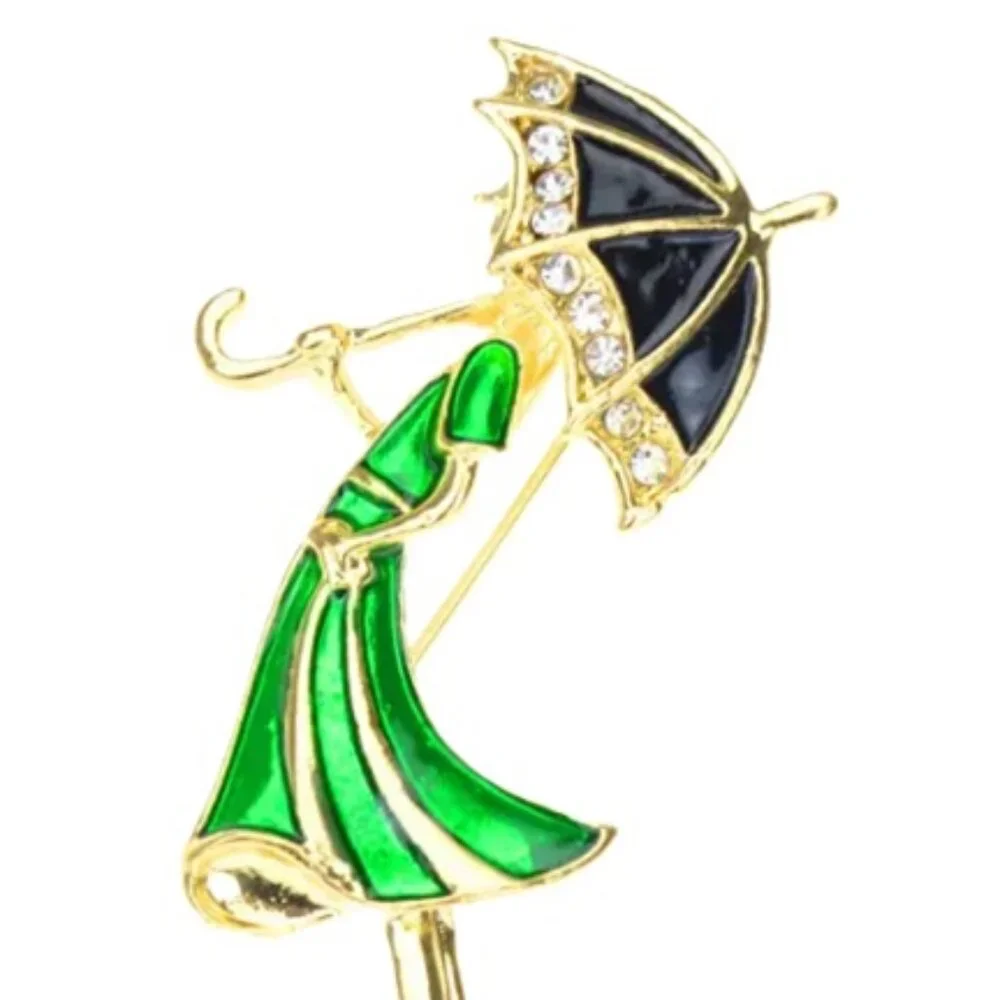 18k Gold-Plated Umbrella Lady in Green Dress Brooch